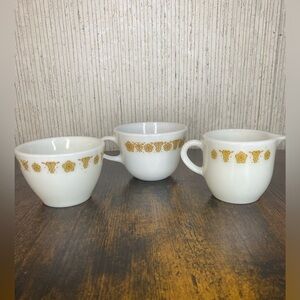 Vintage Pyrex Butterfly Gold Sugar, Creamer, mug